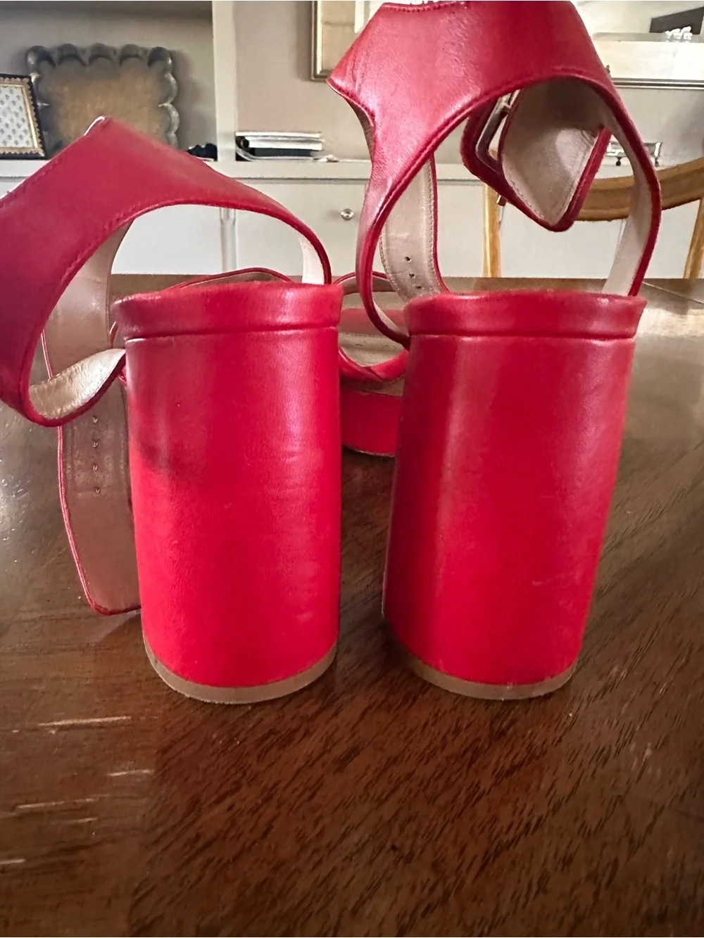Stuart Weitzman Red Women's Block Heel Sandals with Ankle Buckle Size 9/9.5